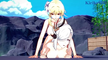 Shenhe together with Lumine together with Miko Yae together with Raiden Shogun piercing futanari sex. - Genshin Onus Hentai