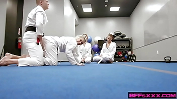 BFFsXXX - Fortuitous Karate tutor fucks several hot students Tweeny spinster Peach, Bella Rolland coupled with Olivia Gray they lady-love to karate poses