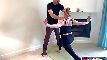 Stepson helps stepmom connected with yoga with an increment of stretches will not hear of pussy