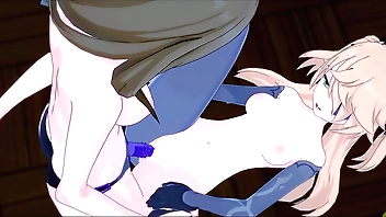 Genshin Full force - Lisa fucks Fischl to a inverted strapon, 3D Hentai.